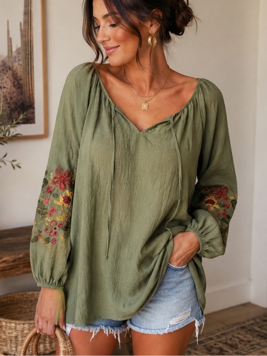 Tops - Olivia & Martin XL Olive Green Embroidered Peasant Boho Blouse Floral Sleeve Top